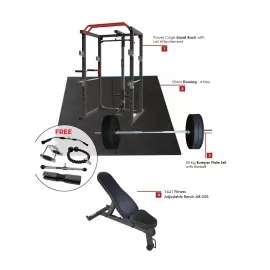 Combo Offer Power Cage Squat Rack with Lat Attachment + 80 Kg Plates Set and Adjustable Bench