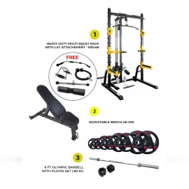 Combo Offer Squat Rack + 7 ft Bar and Plates 80 Kg Set with BH Fitness Adjustable Bench