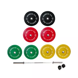 1441 Fitness 7 Ft Olympic Barbell and Color Bumper Plate Set - 160 Kg