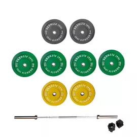 1441 Fitness 7 Ft Olympic Barbell and Color Bumper Plate Set - 100 Kg
