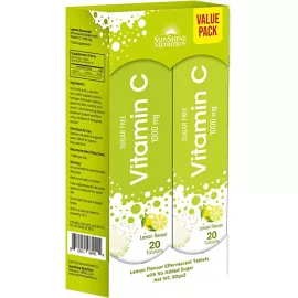 Sunshine Nutrition Vitamin C 1000 mg Effervescent Lemon Flavor 20 Tablets (Pack of 2)