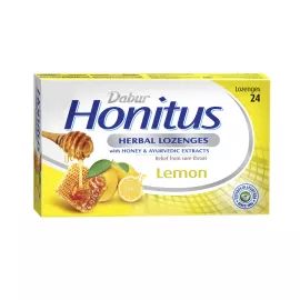 Dabur Honitus Herbal Lozenges | Effective Relief from Cough, Strep Infection & Sore Throat Pain | With Honey, Turmeric, Ginger, Amla | Lemon Flavor | 24's