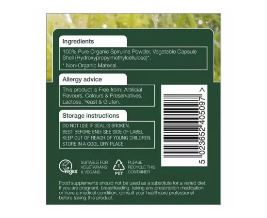 Natures Aid Organic Spirulina 500 mg Vegetable Capsule 90's
