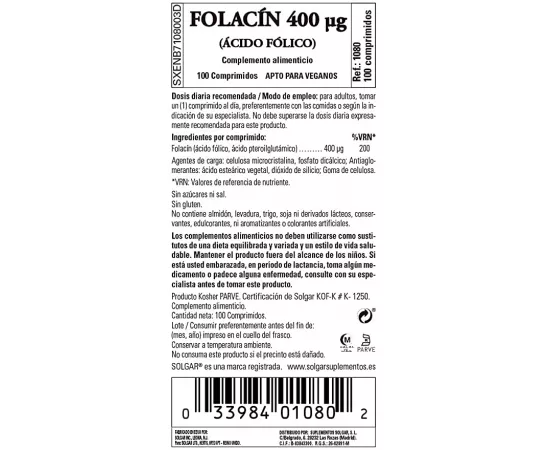 Solgar Folic Acid 400 mcg Tablet 100's