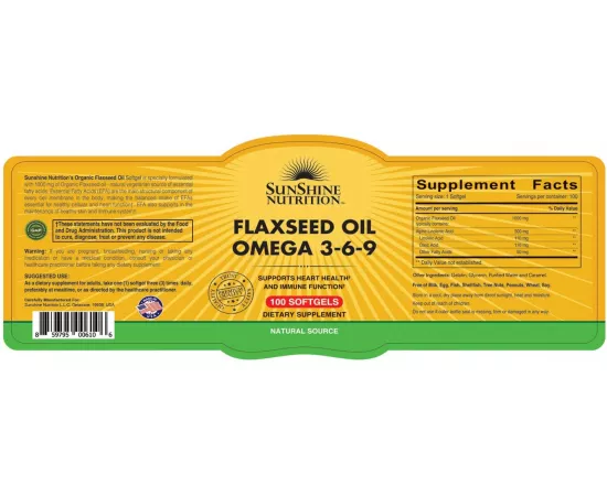 Sunshine Nutrition Organic Flaxseed Oil Omega 3-6-9 100 Softgel