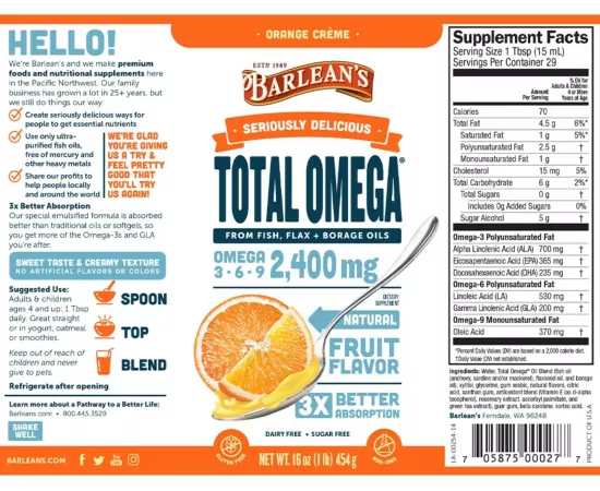 Barleans Total Omega Swirl Orange Cream 8 oz (454 g)