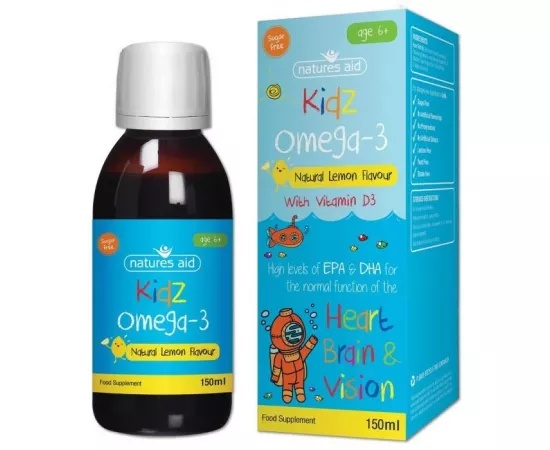 Natures Aid Kidz Omega-3 Natural Lemon Flavor With Vitamin D3 150 ml for Kids Health Heart Immune Support