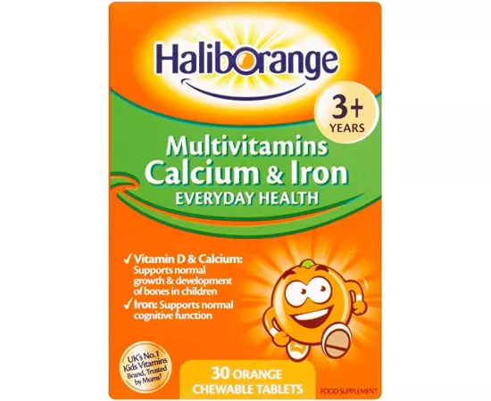  أقراص فيتاميات الكالسيوم والحديد المضغية المتعددة بنكهة البرتقال للأطفال من هاليبورانج 30'S