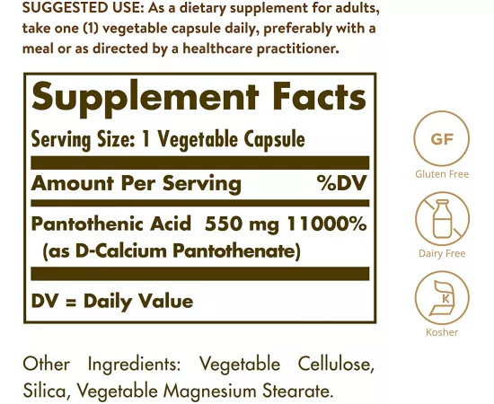 Solgar Pantothenic Acid 550 mg Vegetable Capsules 100’s