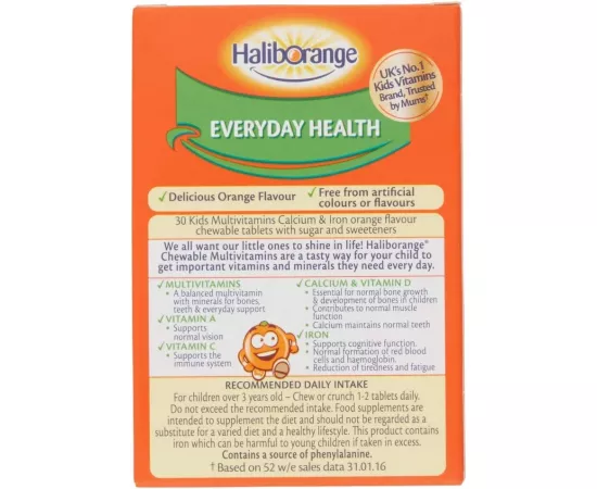  أقراص فيتاميات الكالسيوم والحديد المضغية المتعددة بنكهة البرتقال للأطفال من هاليبورانج 30'S