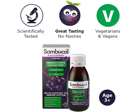 Sambucol Immuno Forte Sugar Free Vitamin C Zinc Black Elderberry Flavour Syrup x 120 ml