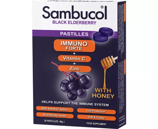 Sambucol Immuno Forte Vitamin C Zinc Pastilles Black Elderberry Flavour x 20