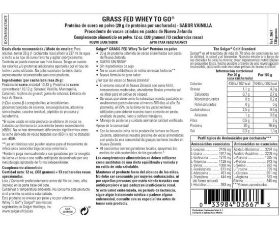 Solgar Grass Fed Whey to Go Protein Powder, Vanilla 338 g