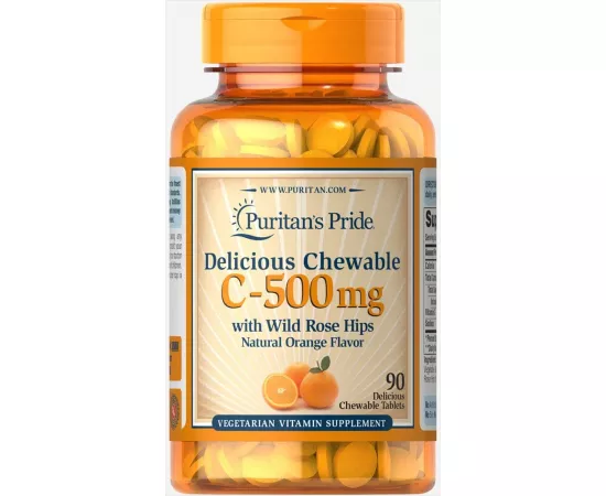 Puritans Pride Chewable Vitamin C 500 mg with Rose Hips Chewable Tablets 90's
