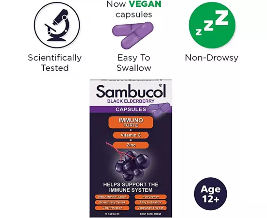 Sambucol Immuno Forte Vitamin C Zinc Black Elderberry Flavour Capsules 30's