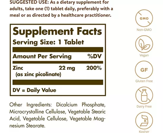 Solgar Zinc Picolinate Dietary Supplements 100 Tablets