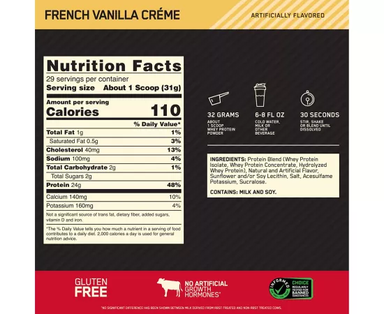 مسحوق بروتين مصل اللبن جولد ستاندرد 100% بنكهة كريمة الفانيليا الفرنسية من أوبتيموم نيوترشن 2 رطل 29 حصة
