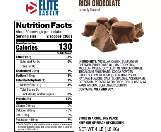 Dymatize Nutrition Elite Casein Rich Chocolate Protein Powder 50 Servings 4 lb (1.8 kg)