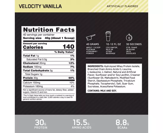 Optimum Nutrition Platinum Hydrowhey Protein Powder Velocity Vanilla 1.64 Kg