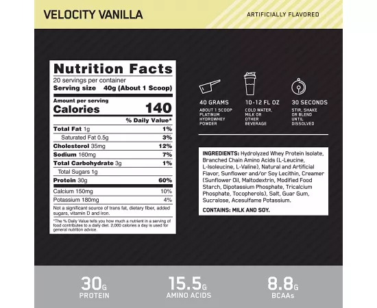 Optimum Nutrition Platinum Hydrowhey Protein Powder Velocity Vanilla 800g (1.76 lb)