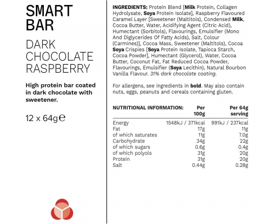 PhD Smart Bar Dark Chocolate Raspberry 20 gm Protein 64g
