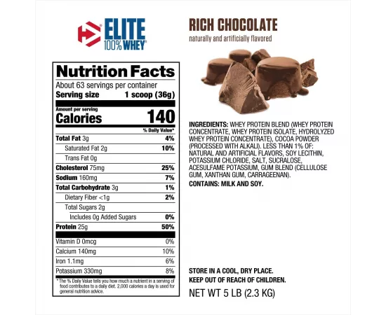 مسحوق بروتين الواي بنكهة الشوكولاتة الغنية من إليت 63 حصة 5رطل