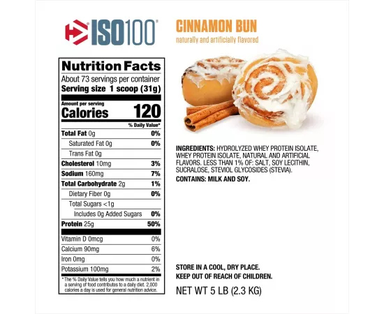 Dymatize ISO 100 Hydrolyzed 100% Whey Protein Isolate Cinnamon Bun 5 lbs (2.3 kg)