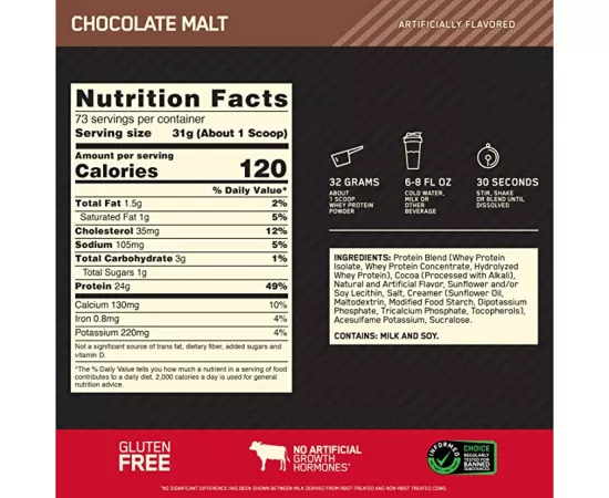 واي  جولد ستاندرد 100% بنكهة الشوكولاتة والشعير من أوبتيموم نيوتريشن 5رطل - 73 حصة