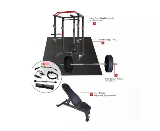 Combo Offer Power Cage Squat Rack with Lat Attachment + 80 Kg Plates Set and Adjustable Bench