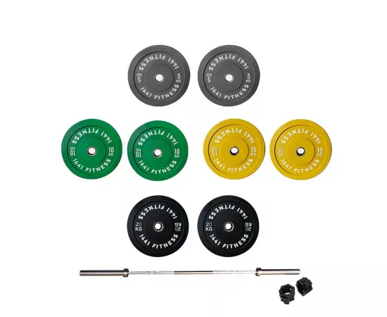 1441 Fitness 7 Ft Olympic Barbell and Color Bumper Plate Set - 120 Kg
