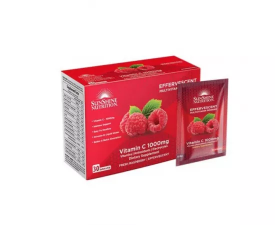 Sunshine Nutrition Vitamin C Effervescent Multivitamin Powder 1000 mg Raspberry Flavor 8.6 g x 30 Packs