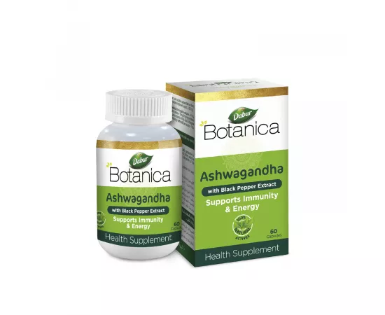 Dabur Botanica Ashwagandha Veg. Capsules | 5x Potency | Relieves Stress & Anxiety | Boosts Immunity & Energy | Strong | Herbal | Wellness | 60's