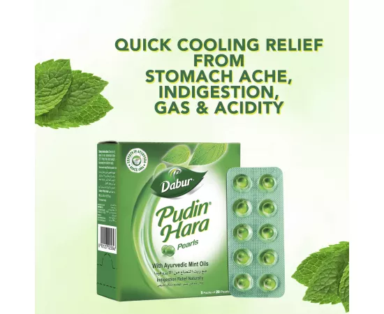 Dabur Pudin Hara Pearls (5 Pack Bundle); Quick Cooling Relief from Stomach ache, Gas, Indigestion, Acidity; Contains Peppermint Oils, Spearmint Oils