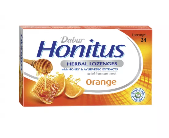 Dabur Honitus Herbal Lozenges | Effective Relief from Cough, Strep Infection & Sore Throat Pain | With Honey, Turmeric, Ginger, Amla | Orange Flavor | 24s