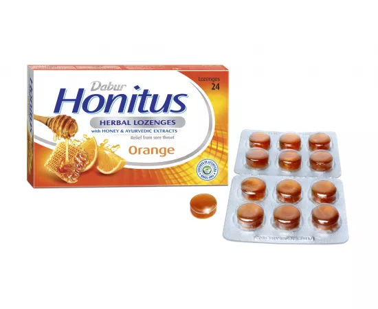 Dabur Honitus Herbal Lozenges | Effective Relief from Cough, Strep Infection & Sore Throat Pain | With Honey, Turmeric, Ginger, Amla | Orange Flavor | 24's