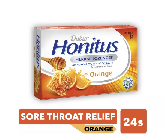 Dabur Honitus Herbal Lozenges | Effective Relief from Cough, Strep Infection & Sore Throat Pain | With Honey, Turmeric, Ginger, Amla | Orange Flavor | 24s