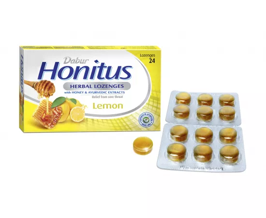 Dabur Honitus Herbal Lozenges | Effective Relief from Cough, Strep Infection & Sore Throat Pain | With Honey, Turmeric, Ginger, Amla | Lemon Flavor | 24s