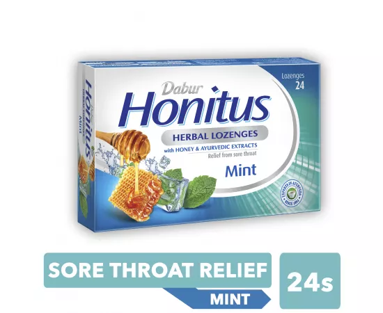Dabur Honitus Herbal Lozenges | Effective Relief from Cough, Strep Infection & Sore Throat Pain | With Honey, Turmeric, Ginger, Amla | Mint Flavor | 24's