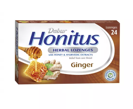 Dabur Honitus Herbal Lozenges | Effective Relief from Cough, Strep Infection & Sore Throat Pain | With Honey, Turmeric, Ginger, Amla | Ginger Flavor | 24s