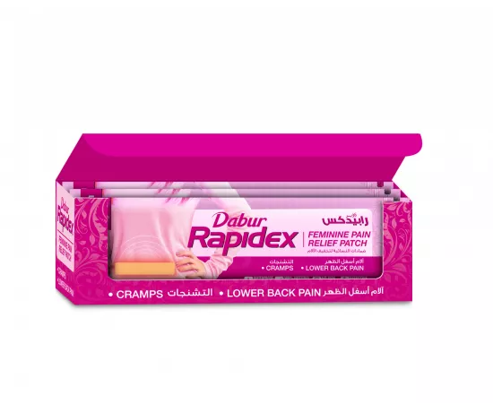 Dabur Rapidex Feminine Pain Relief Patch | Cramps | Lower Back Pain | Period Pain | Fast Acting | Long Lasting Relief | Natural Remedy | Herbal |  5 Waterproof Patches Per Pouch