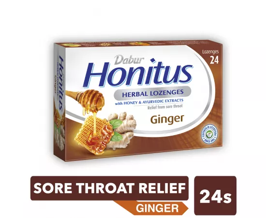 Dabur Honitus Herbal Lozenges | Effective Relief from Cough, Strep Infection & Sore Throat Pain | With Honey, Turmeric, Ginger, Amla | Ginger Flavor | 24's