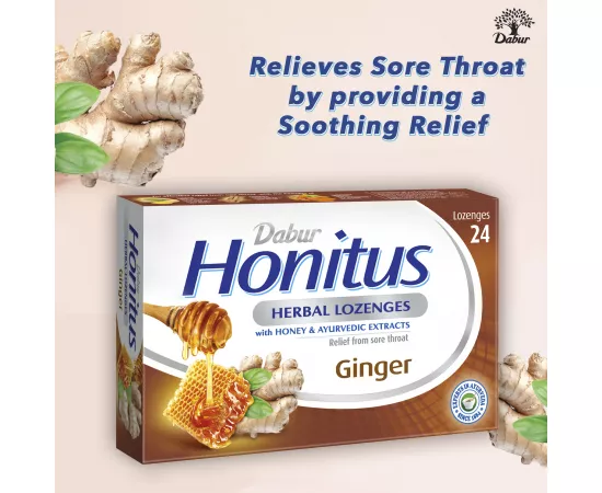 Dabur Honitus Herbal Lozenges | Effective Relief from Cough, Strep Infection & Sore Throat Pain | With Honey, Turmeric, Ginger, Amla | Ginger Flavor | 24's