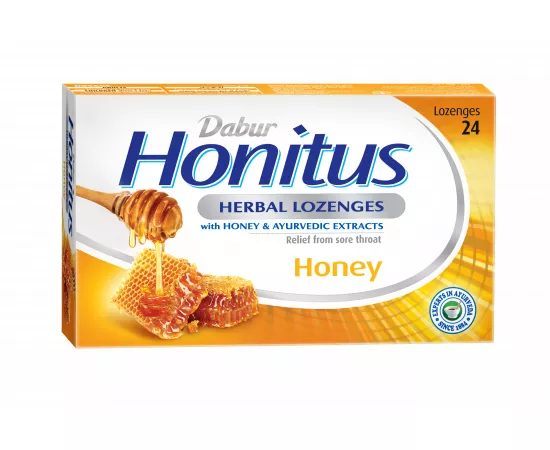 Dabur Honitus Herbal Lozenges | Effective Relief from Cough, Strep Infection & Sore Throat Pain | With Honey, Turmeric, Ginger, Amla | Honey Flavor | 24's