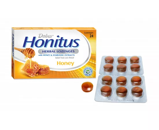 Dabur Honitus Herbal Lozenges | Effective Relief from Cough, Strep Infection & Sore Throat Pain | With Honey, Turmeric, Ginger, Amla | Honey Flavor | 24s