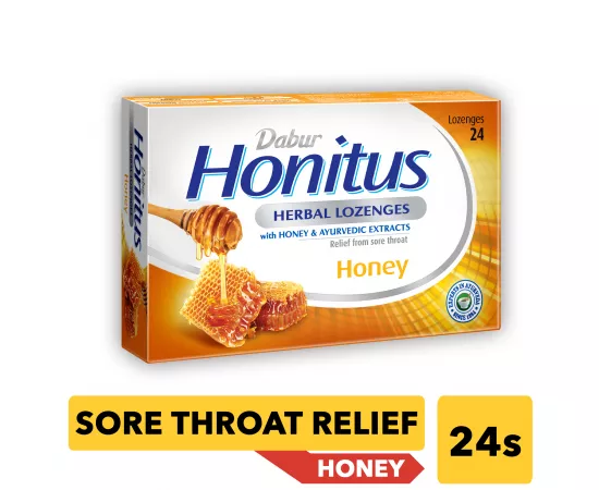 Dabur Honitus Herbal Lozenges | Effective Relief from Cough, Strep Infection & Sore Throat Pain | With Honey, Turmeric, Ginger, Amla | Honey Flavor | 24's