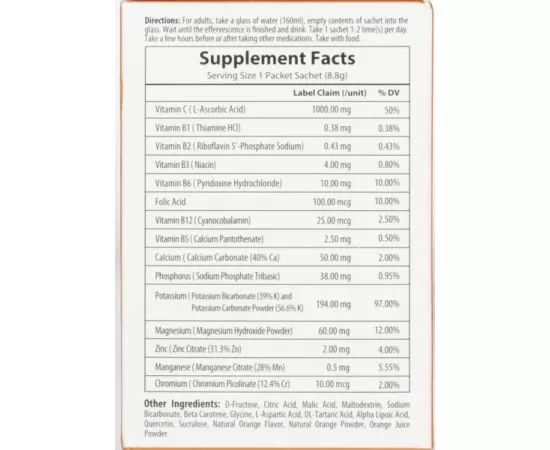 Sunshine Nutrition Vitamin C 1000 mg Effervescent Multivitamin Powder Orange Flavor 8.8 g Pack of 30