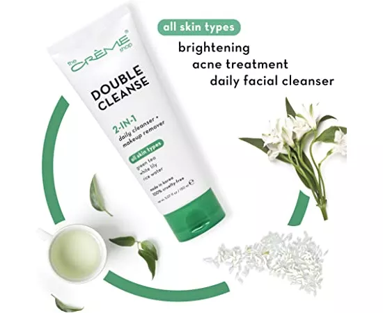 The Crème Shop Double Cleanse 2-In-1 Facial Foam Face Cleanser X Makeup Remover Green Tea  White Lily Rice Water 150ml