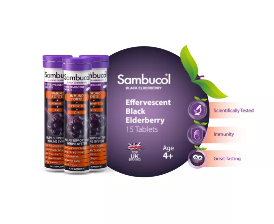Sambucol vitamin c effervescent tablets, Zinc, Natural Black Elderberry, Immunity Booster - 15 Tablets