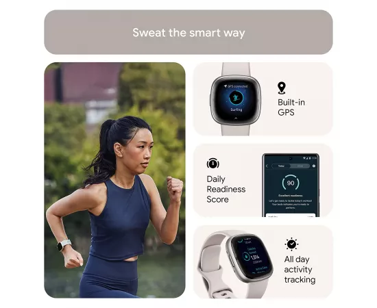 Fitbit Sense 2 Health & Fitness Watch Lunar White & Platinum Aluminium