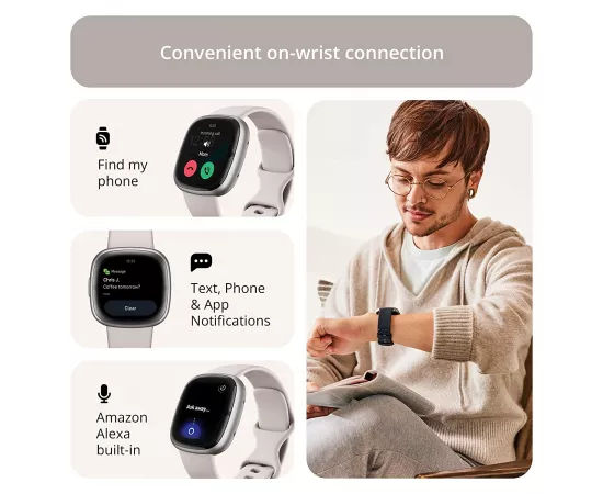 Fitbit Sense 2 Health & Fitness Watch Lunar White & Platinum Aluminium
